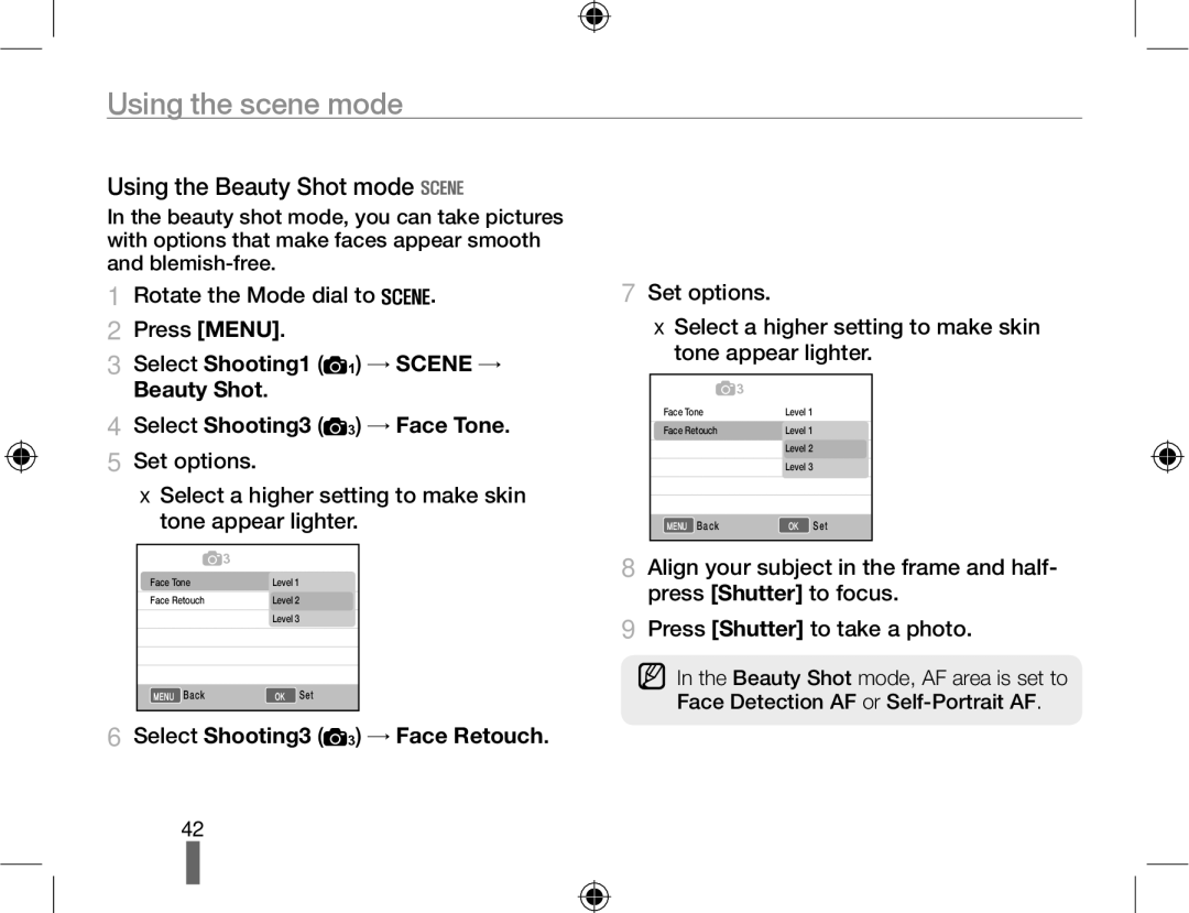 Samsung EV-NX10ZZBCBSE, NX10-SEED/SEG Using the scene mode, Using the Beauty Shot mode, Rotate the Mode dial to Press Menu 