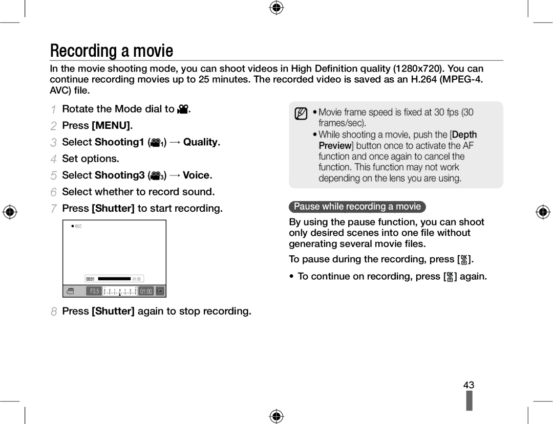 Samsung EV-NX10ZZBABSE, EV-NX10ZZBABZA manual Recording a movie, Select Shooting1 1 → Quality, Select Shooting3 3 → Voice 