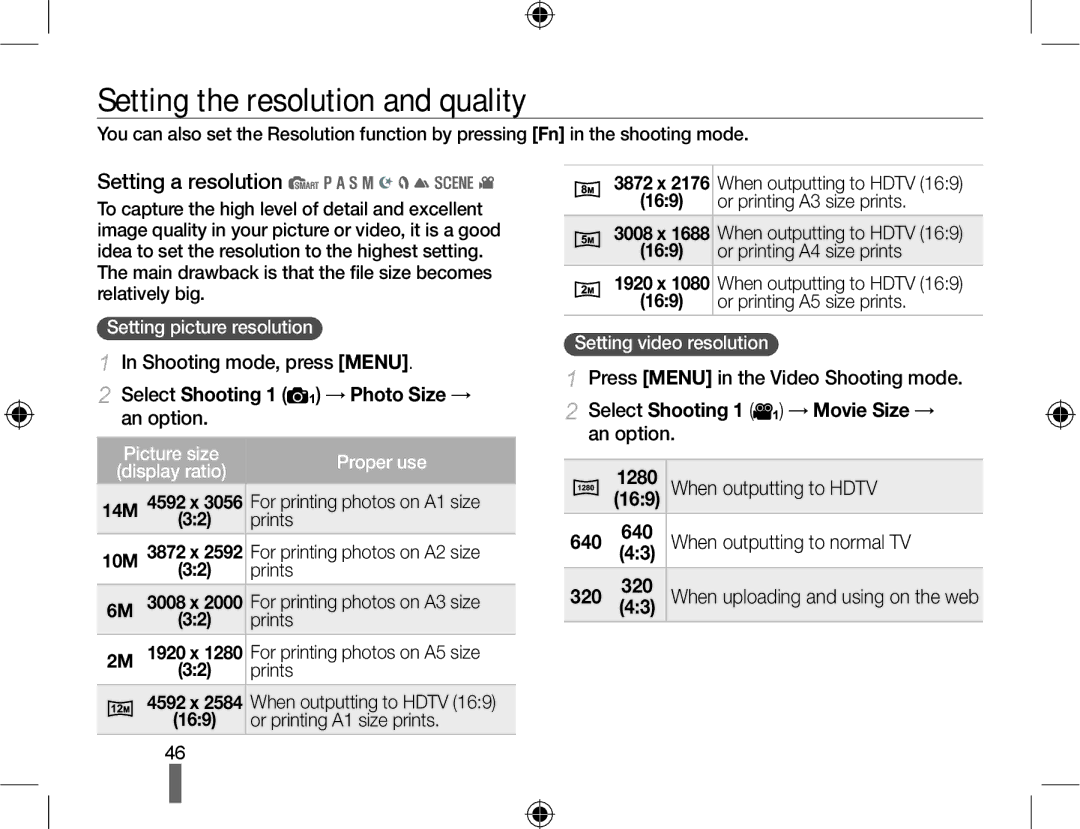 Samsung NX10PRCV09/SER, EV-NX10ZZBABZA, NX10RHZA03/SUK manual Setting the resolution and quality, Setting a resolution 