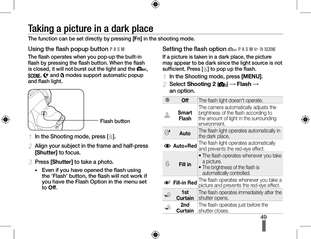 Samsung EV-NX10ZZBABHU manual Taking a picture in a dark place, Using the flash popup button, Setting the flash option, Off 