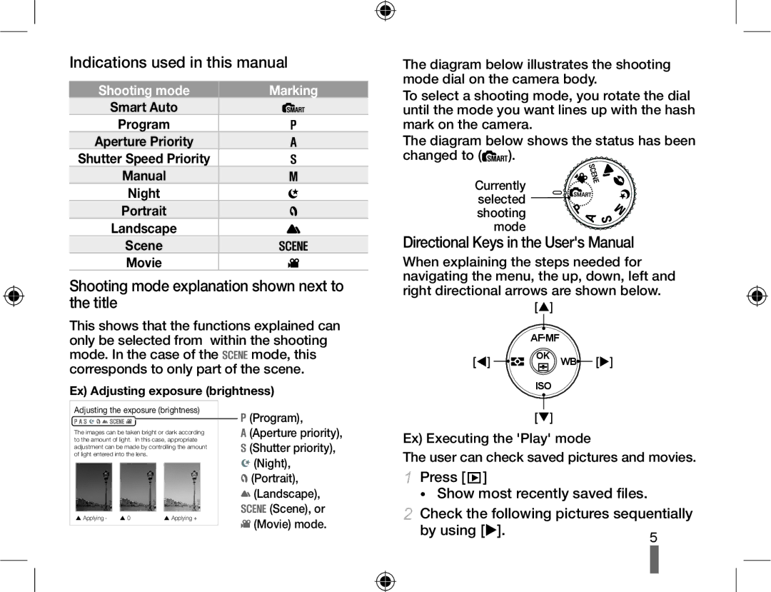 Samsung EV-NX10ZZBABUA, EV-NX10ZZBABZA Indications used in this manual, Shooting mode explanation shown next to the title 