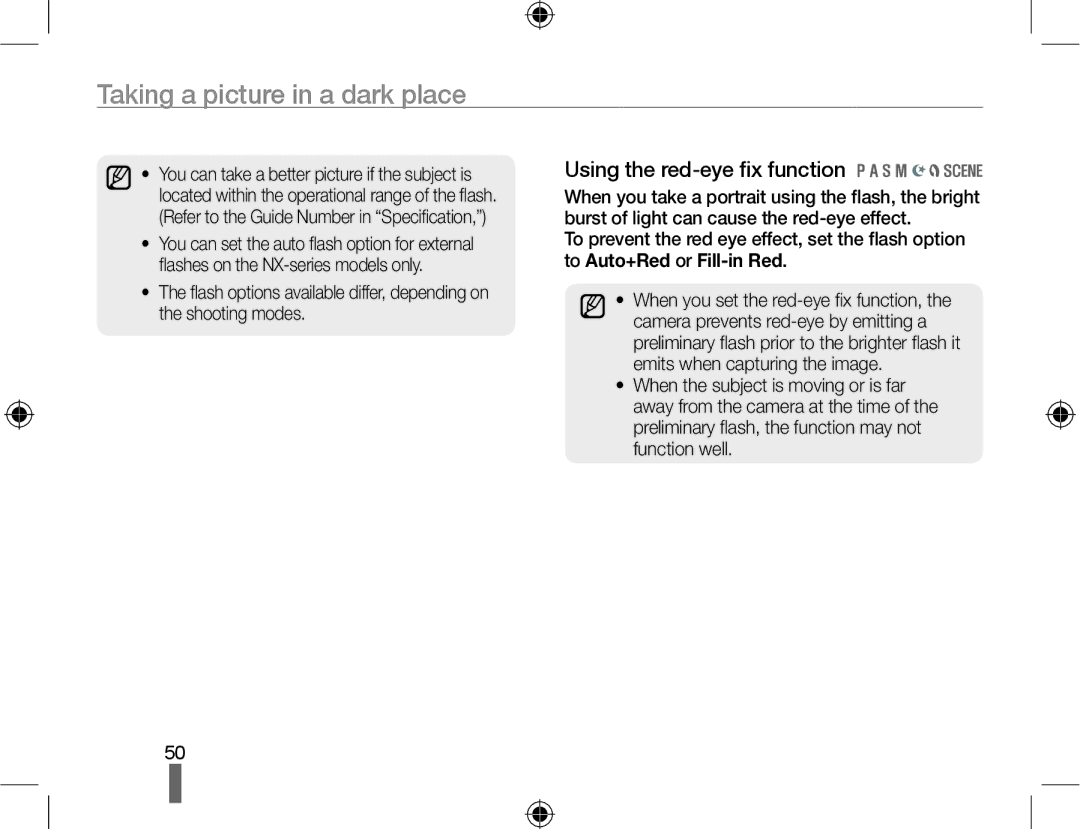 Samsung EV-NX10ZZBABCH, EV-NX10ZZBABZA, NX10RHZA03/SUK Taking a picture in a dark place, Using the red-eye fix function 
