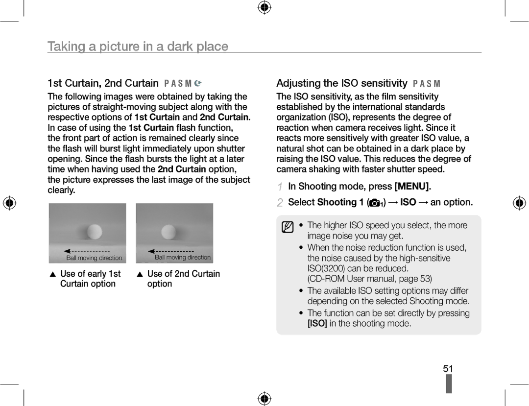 Samsung EV-NX10ZZBCBIL, EV-NX10ZZBABZA, NX10RHZA03/SUK, EV-NX10ZZAAB 1st Curtain, 2nd Curtain, Adjusting the ISO sensitivity 