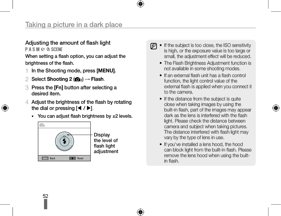 Samsung EV-NX10ZZBABZA, EV-NX10ZZAAB Adjusting the amount of flash light, Select Shooting 2 2 → Flash, Display, ﬂash light 