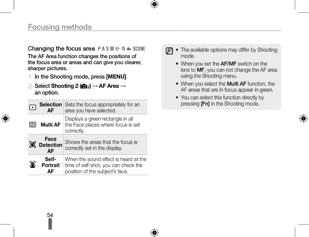 Samsung NX10PRTV04/SUK, NX10-SEED/SEG Focusing methods, Changing the focus area, Select Shooting 2 2 → AF Area → an option 