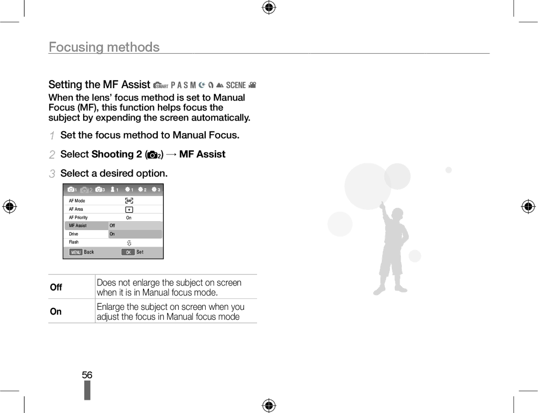 Samsung EV-NX10ZZBABDE manual Setting the MF Assist, Set the focus method to Manual Focus, Select Shooting 2 2 → MF Assist 