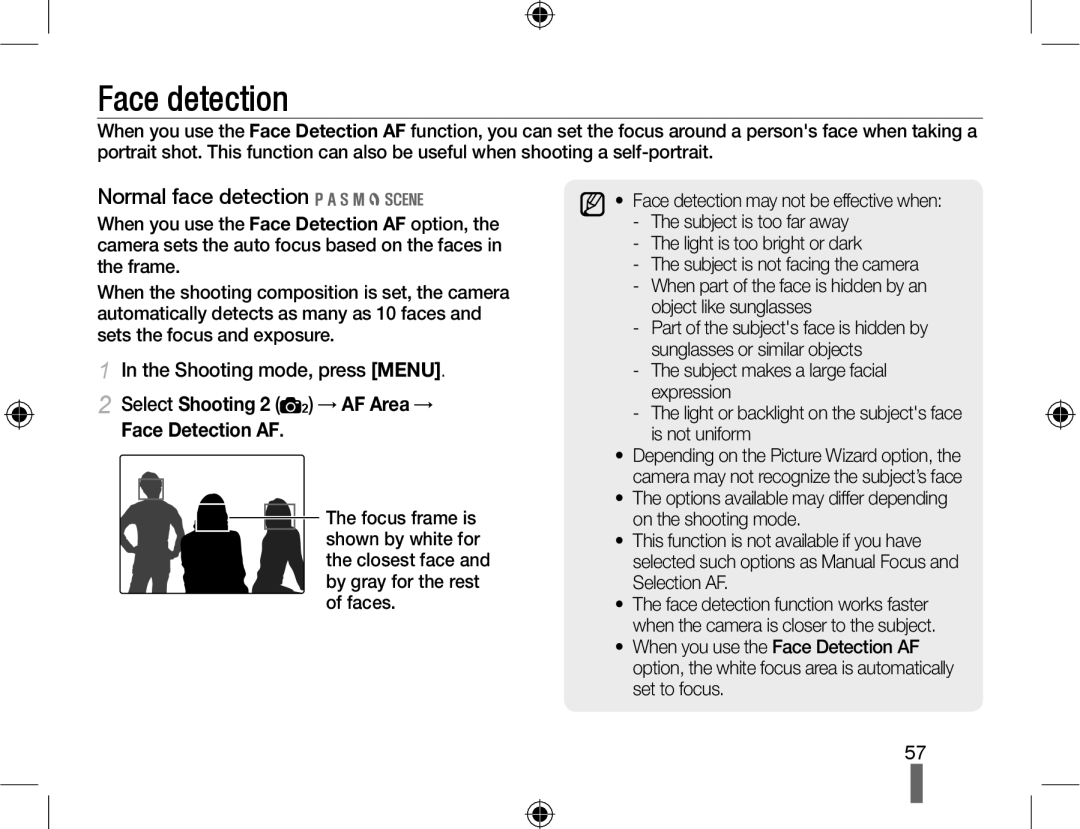 Samsung EV-NX10ZZBABUA manual Face detection, Normal face detection, Select Shooting 2 2 → AF Area → Face Detection AF 