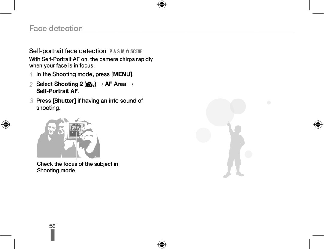 Samsung EV-NX10ZZBCBDE Face detection, Self-portrait face detection, Select Shooting 2 2 → AF Area → Self-Portrait AF 