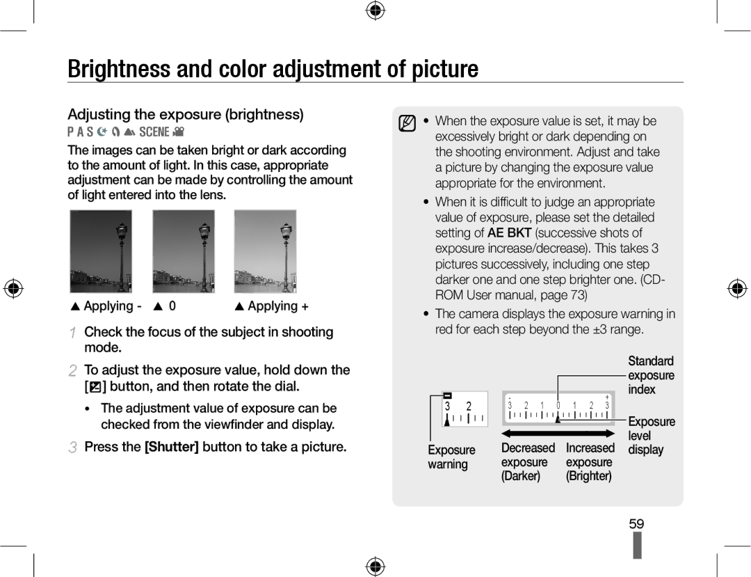 Samsung NX10-SEED/SEG, EV-NX10ZZBABZA manual Brightness and color adjustment of picture, Adjusting the exposure brightness 