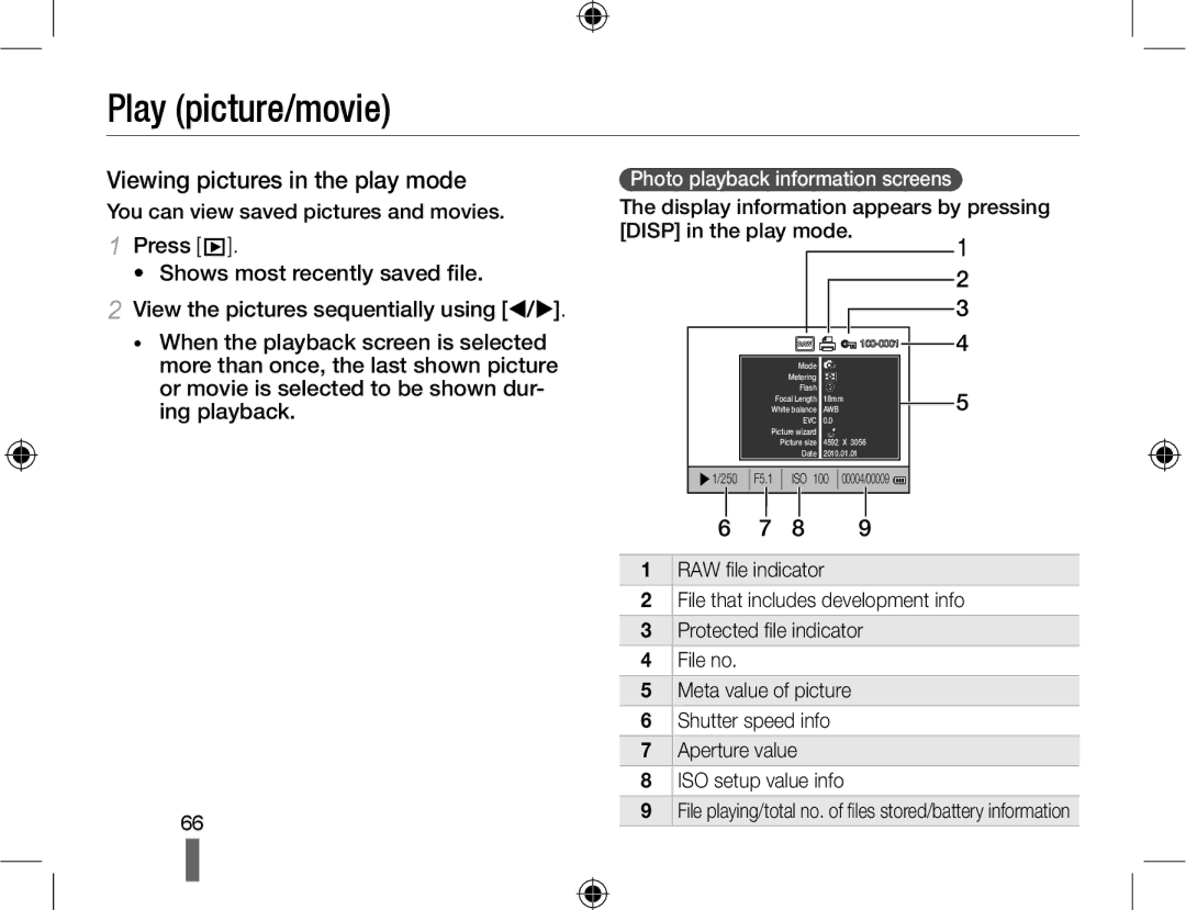 Samsung EV-NX10ZZBCBFR manual Play picture/movie, Viewing pictures in the play mode, You can view saved pictures and movies 