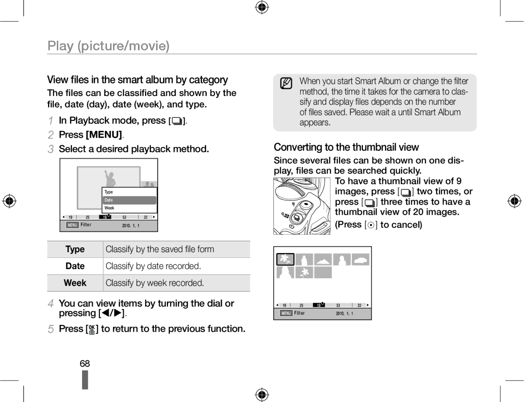 Samsung NX10PRTV05/SEF, EV-NX10ZZBABZA View ﬁles in the smart album by category, Converting to the thumbnail view, Type 