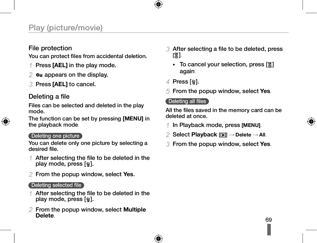 Samsung NX10PRTV07/SEF, EV-NX10ZZBABZA, NX10RHZA03/SUK File protection, Deleting a ﬁle, Playback mode, press Menu, Delete 