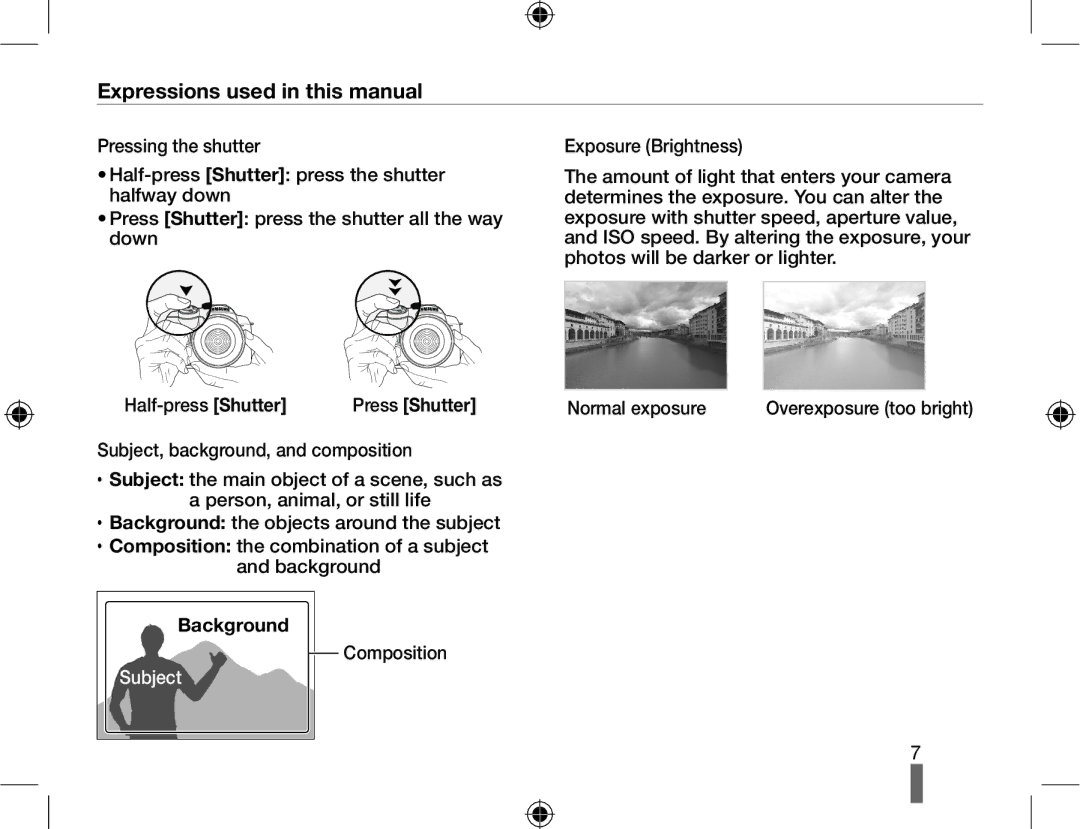 Samsung NX10-SEED/SEG, EV-NX10ZZBABZA, NX10RHZA03/SUK Expressions used in this manual, Press Shutter, Background, Subject 