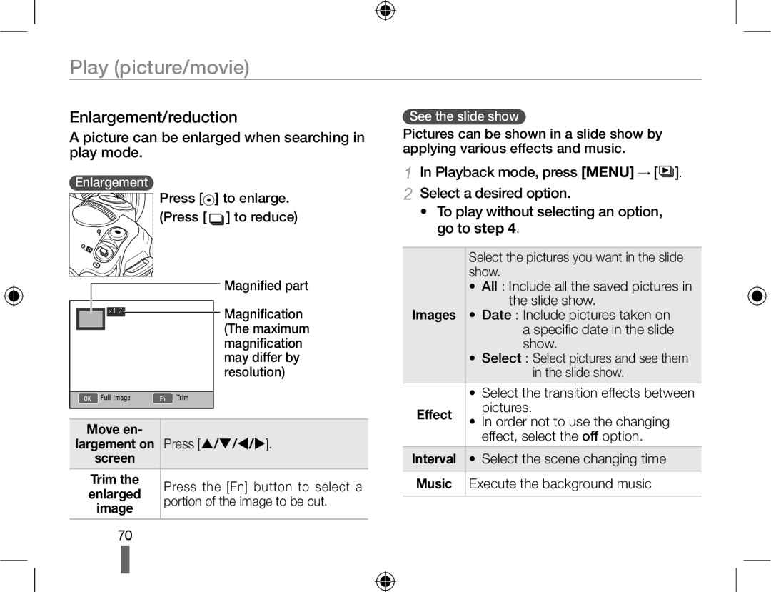 Samsung EV-NX10ZZBCBIT Enlargement/reduction, Picture can be enlarged when searching in play mode, See the slide show 