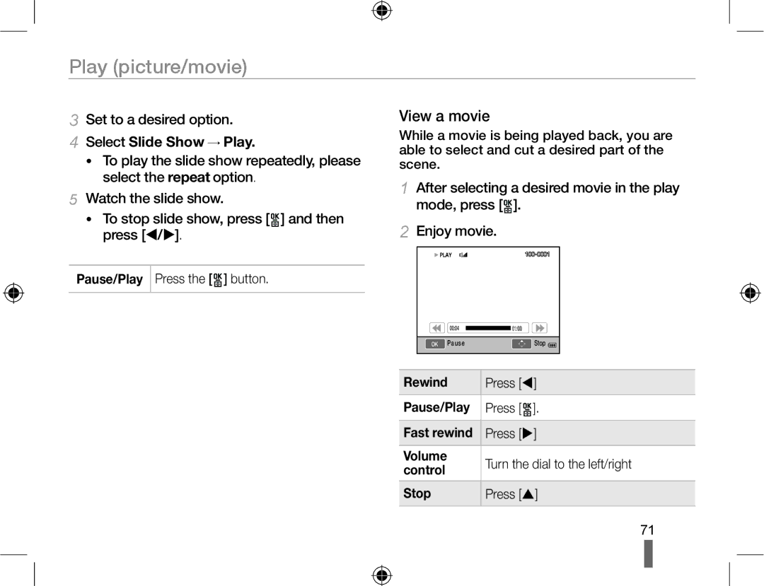 Samsung EV-NX10ZZBABIT, EV-NX10ZZBABZA, NX10RHZA03/SUK manual View a movie, Set to a desired option, Select Slide Show → Play 