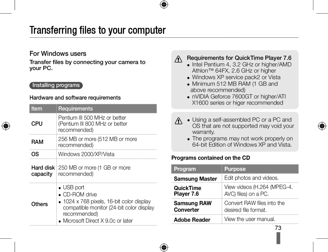 Samsung EV-NX10ZZBCBES, NX10-SEED/SEG Transferring files to your computer, For Windows users, Programs contained on the CD 