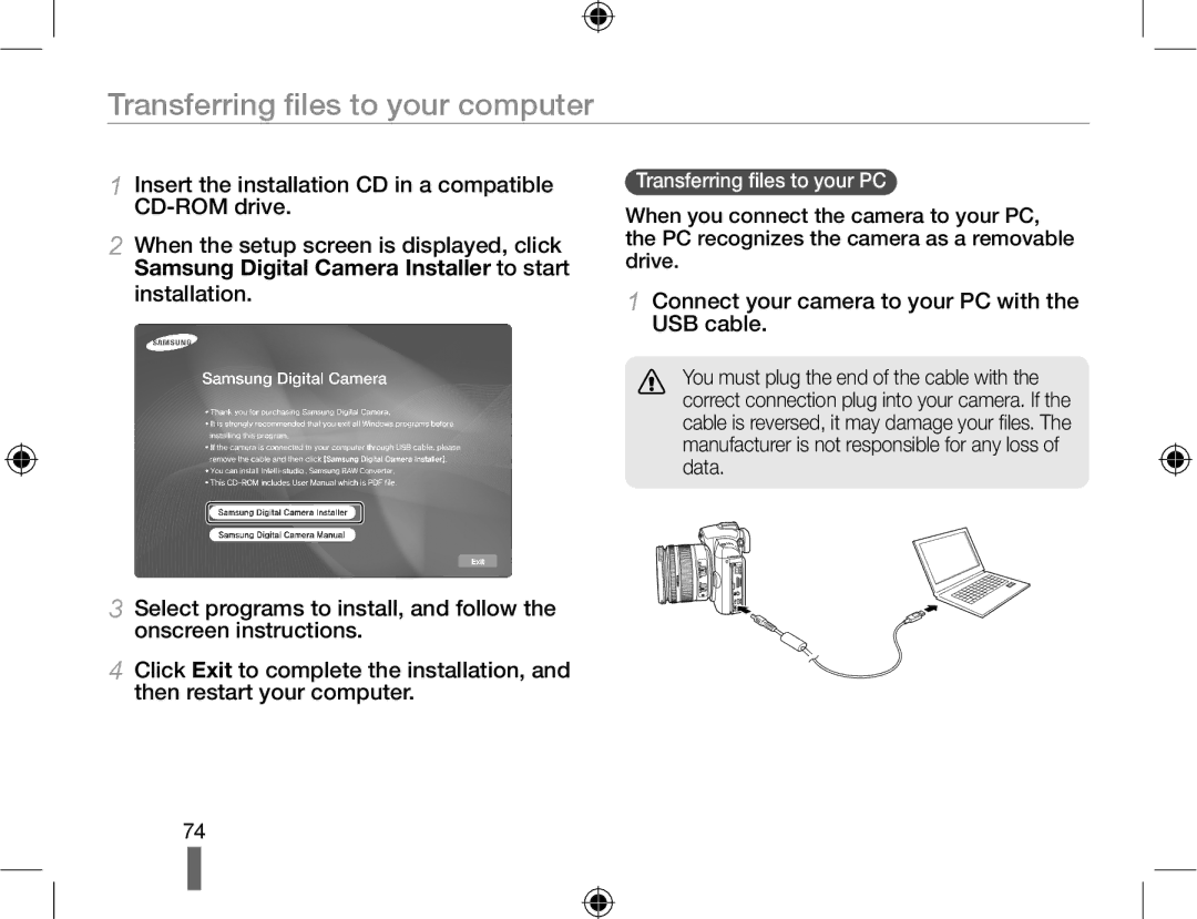 Samsung EV-NX10ZZBABPT manual Transferring files to your computer, Connect your camera to your PC with the USB cable 