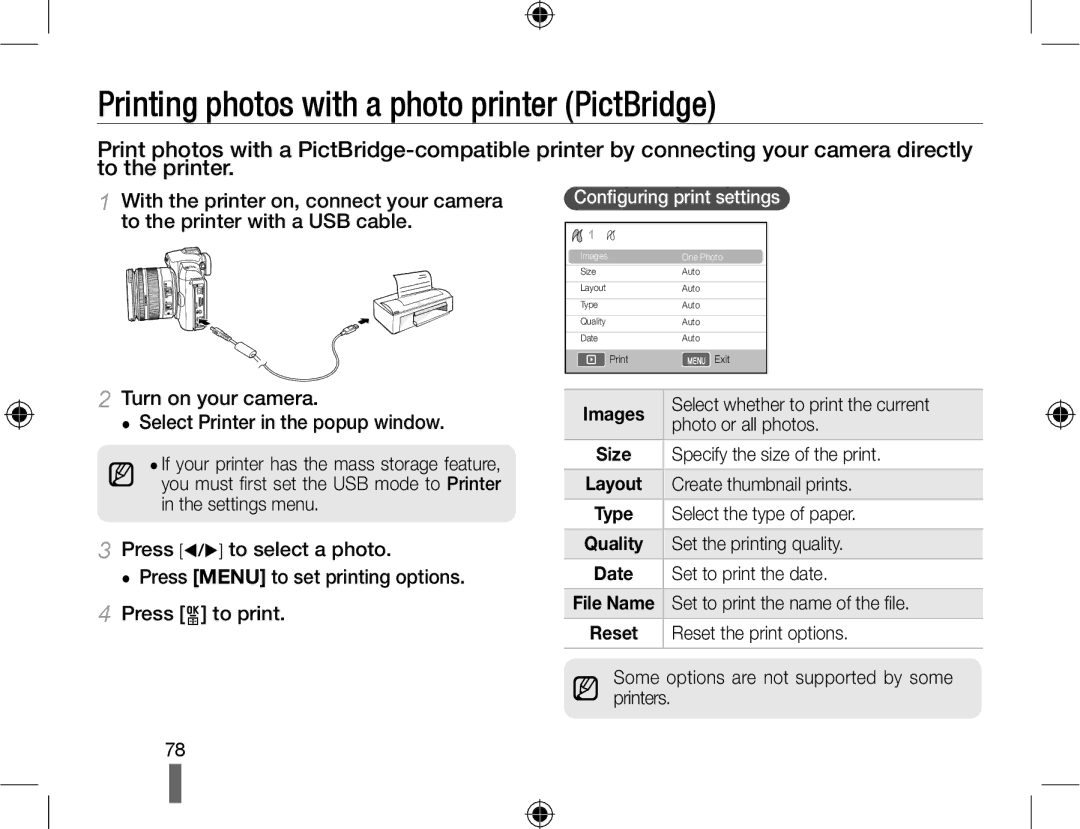 Samsung NX10PRTV01/SES, EV-NX10ZZBABZA Printing photos with a photo printer PictBridge, Conﬁguring print settings, Images 