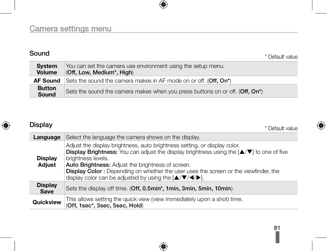 Samsung EV-NX10ZZBABIR, EV-NX10ZZBABZA, NX10RHZA03/SUK, NX10PRTV04/SUK, NX10PRTV04/SEG Camera settings menu, Sound, Display 