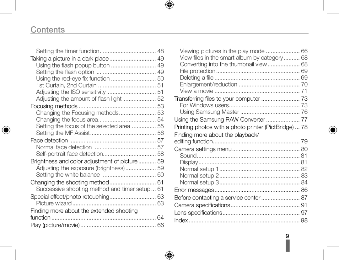 Samsung NX10-SEED/SEF, EV-NX10ZZBABZA, NX10RHZA03/SUK, NX10PRTV04/SUK, NX10PRTV04/SEG, EV-NX10ZZBABDE, EV-NX10ZZBABUA Contents 