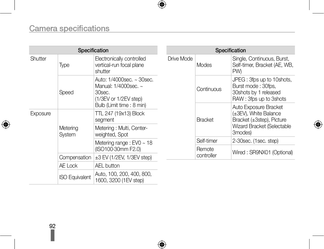 Samsung EV-NX10ZZBABRU, EV-NX10ZZBABZA, NX10RHZA03/SUK, NX10PRTV04/SUK, NX10PRTV04/SEG, EV-NX10ZZBABDE Camera specifications 