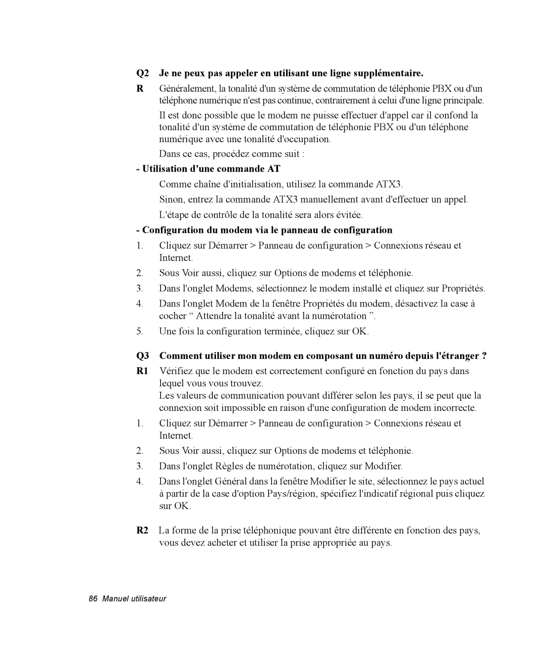 Samsung NX10PRTV03/SEF, NX10-SEED/SEF Utilisation dune commande AT, Configuration du modem via le panneau de configuration 