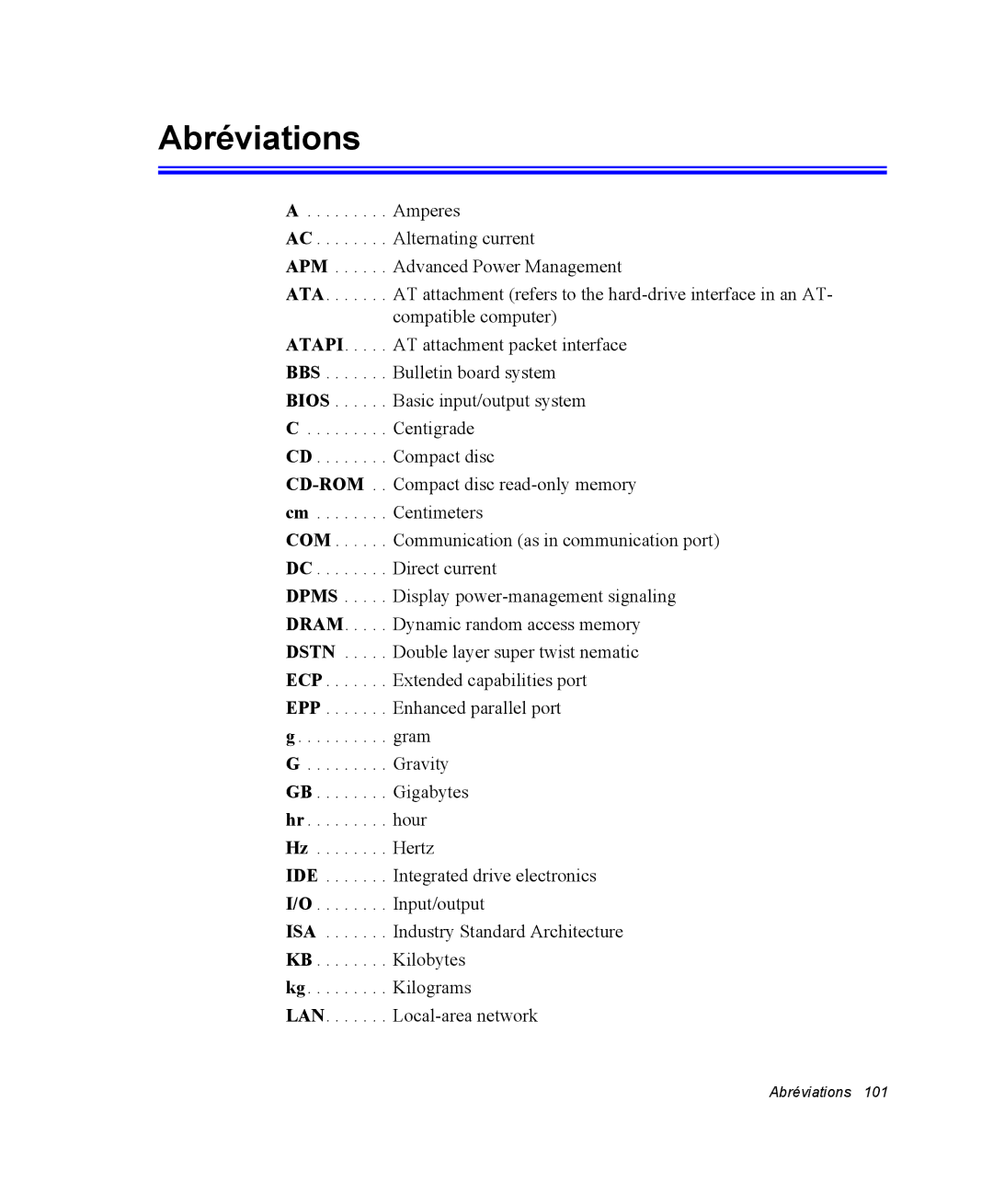 Samsung NX10PRTV07/SEF, EV-NX10ZZBABZA, NX10RP08N6/SEF, NX10-SEED/SEF, NX10RP0HUL/SEF, NX10RK0653/SEF manual Abréviations 