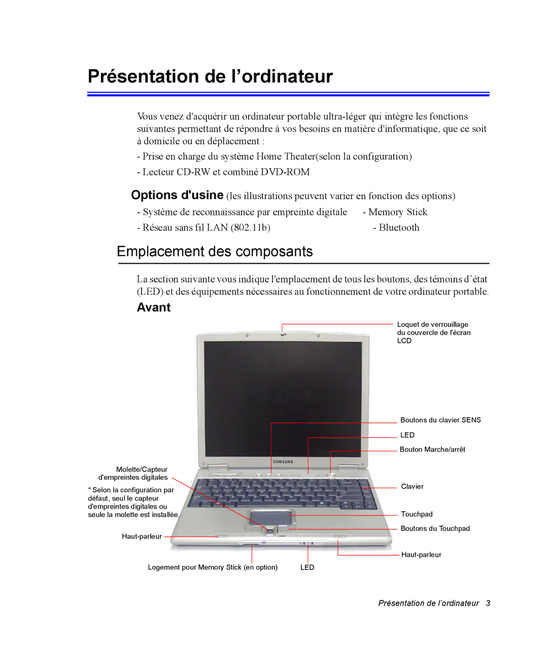 Samsung NX10RP08N6/SEF, EV-NX10ZZBABZA, NX10-SEED/SEF manual Présentation de l’ordinateur, Emplacement des composants, Avant 