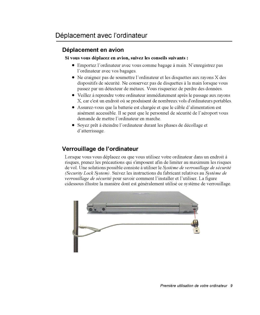 Samsung EV-NX10ZZBABFR, EV-NX10ZZBABZA Déplacement avec l’ordinateur, Déplacement en avion, Verrouillage de l’ordinateur 