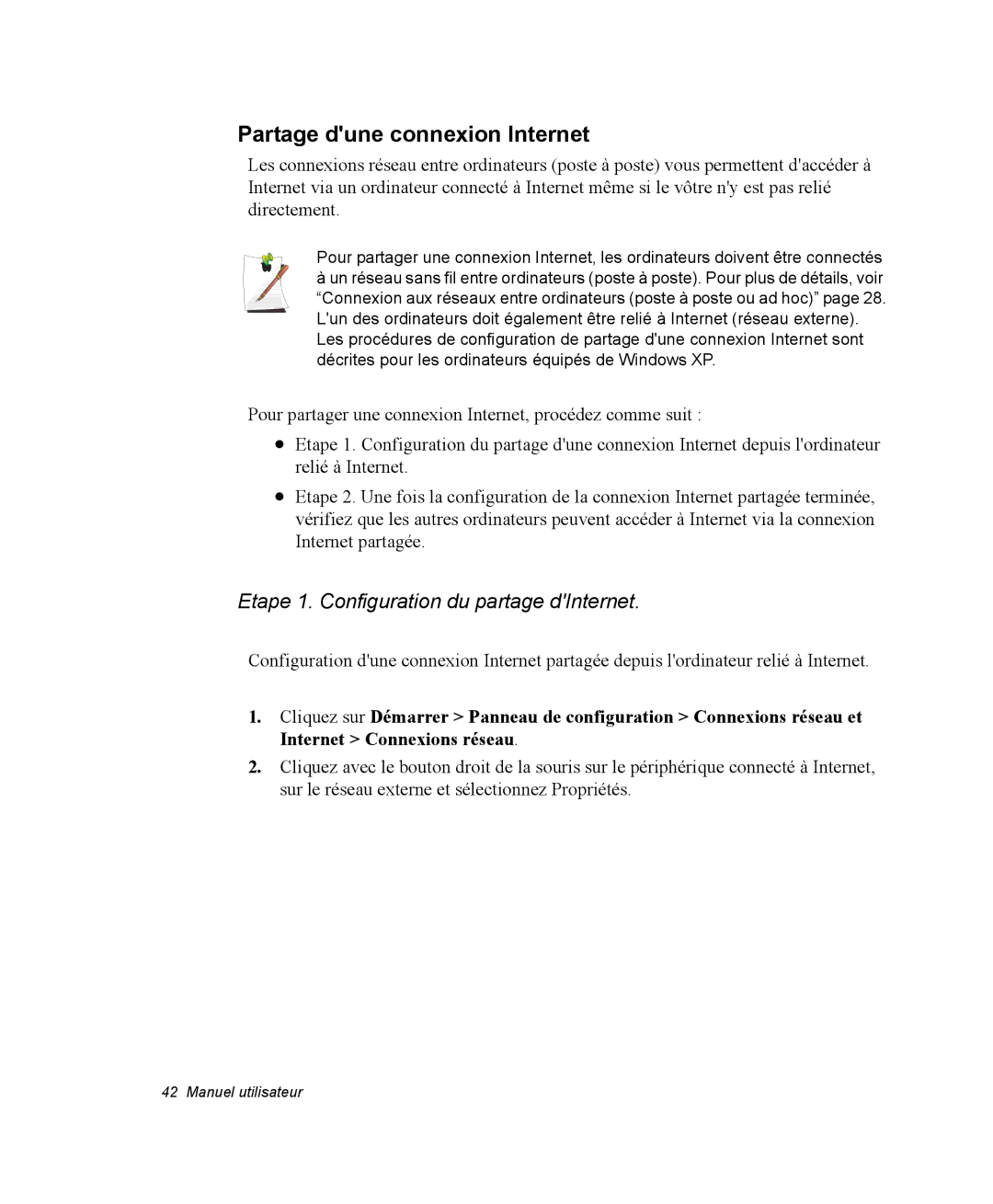 Samsung EV-NX10ZZBABUS, EV-NX10ZZBABZA manual Partage dune connexion Internet, Etape 1. Configuration du partage dInternet 