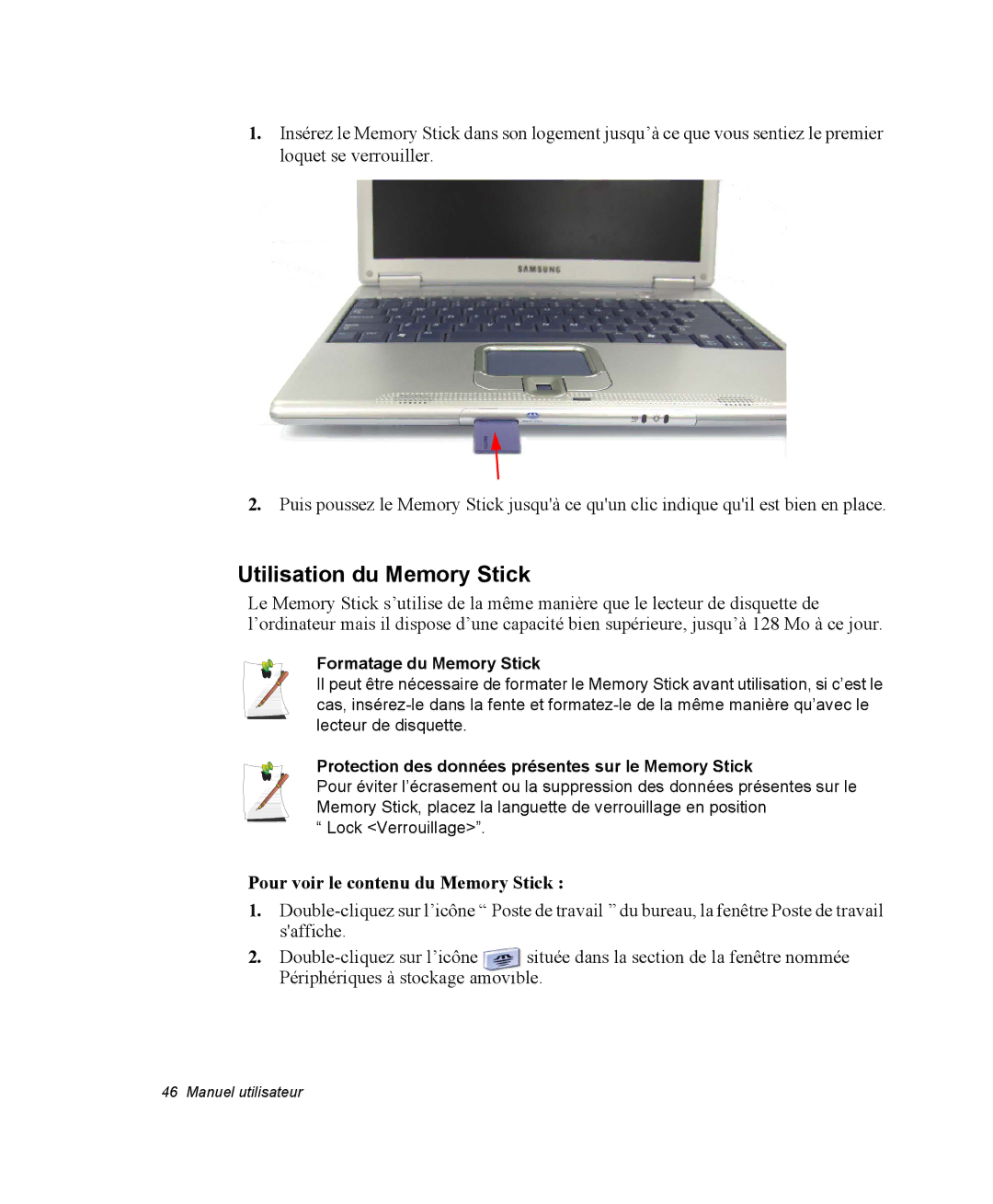 Samsung NX10RJ08PY/SEF manual Utilisation du Memory Stick, Pour voir le contenu du Memory Stick, Formatage du Memory Stick 