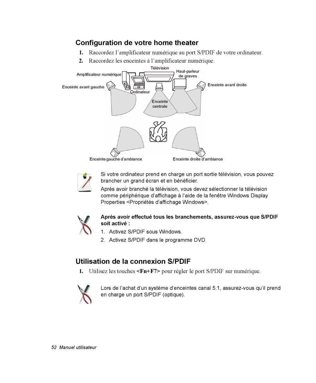 Samsung NX10PRTV03/SEF, EV-NX10ZZBABZA manual Configuration de votre home theater, Utilisation de la connexion S/PDIF 