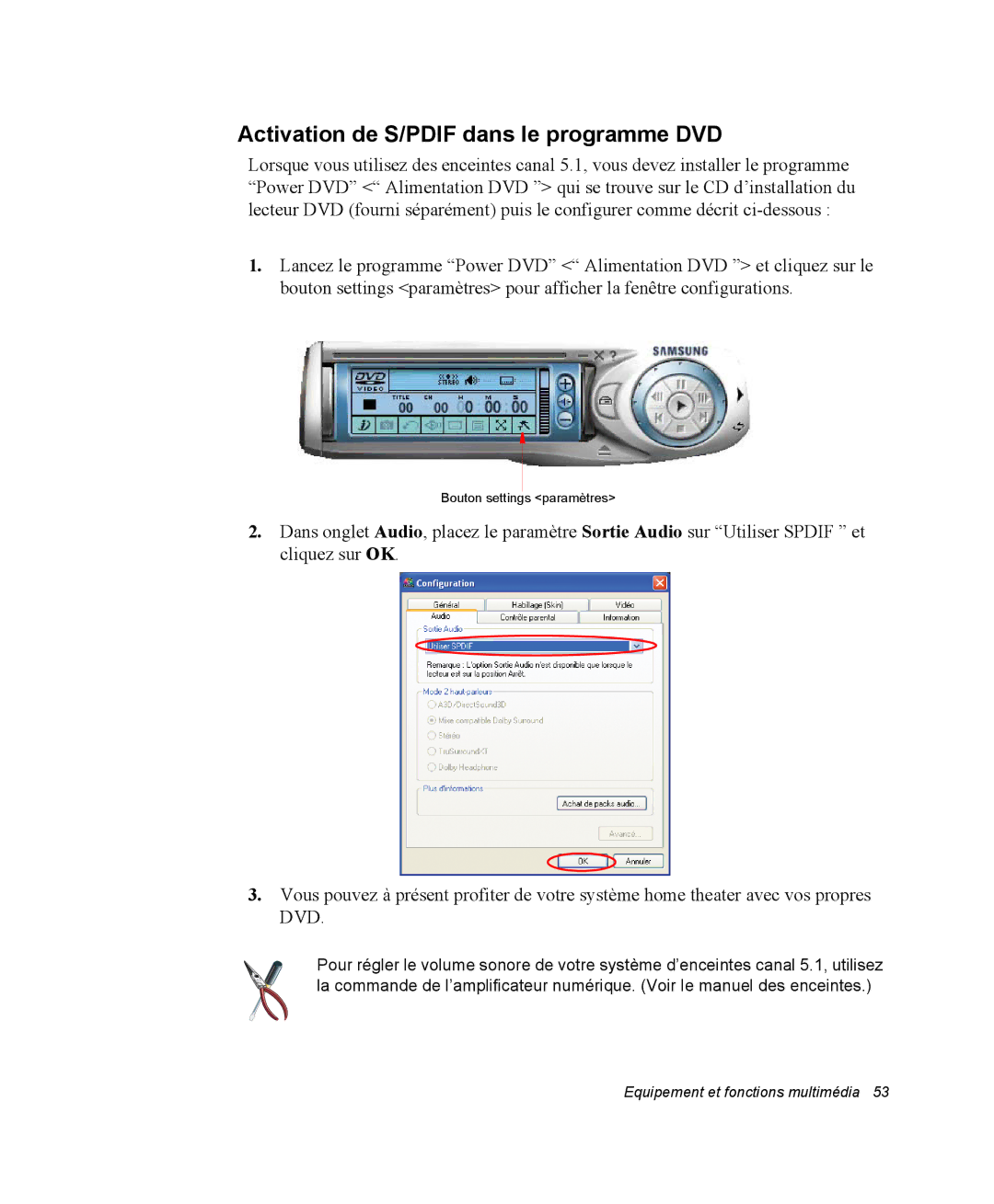 Samsung EV-NX10ZZBABZA, NX10RP08N6/SEF, NX10-SEED/SEF, NX10RP0HUL/SEF manual Activation de S/PDIF dans le programme DVD 