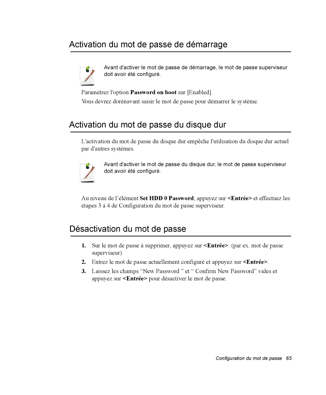 Samsung NX10PRTV05/SEF, EV-NX10ZZBABZA Activation du mot de passe de démarrage, Activation du mot de passe du disque dur 