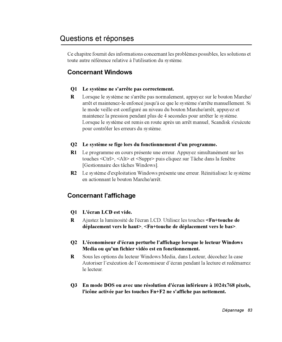 Samsung NX10PRTV02/SEF manual Questions et réponses, Concernant Windows, Concernant laffichage, Q1 Lécran LCD est vide 