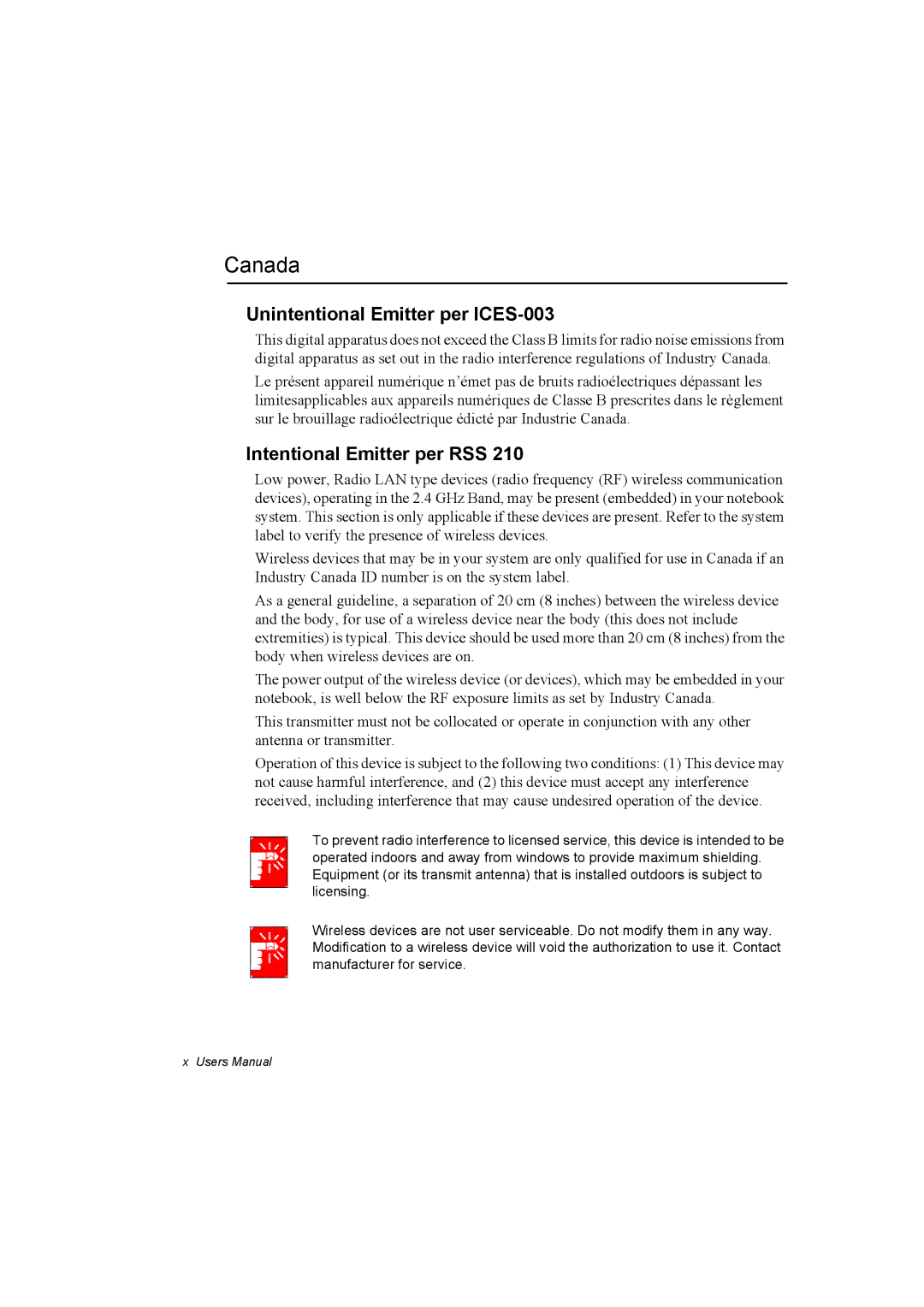 Samsung EV-NX10ZZBABDE, EV-NX10ZZBABZA manual Canada, Unintentional Emitter per ICES-003, Intentional Emitter per RSS 