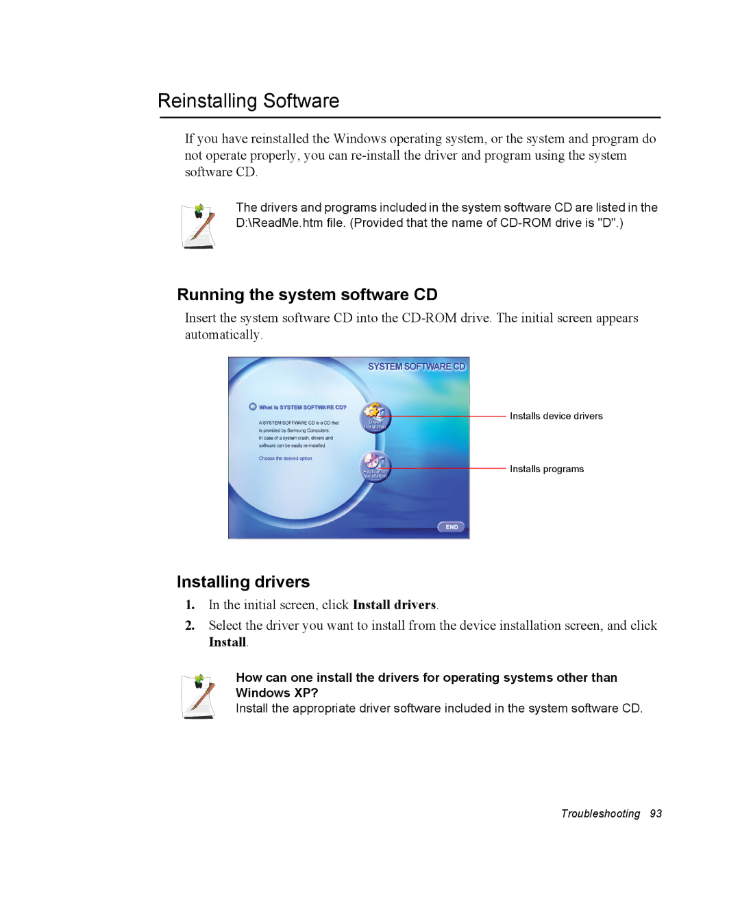 Samsung NX10PRTV09/SEK, EV-NX10ZZBABZA manual Reinstalling Software, Running the system software CD, Installing drivers 