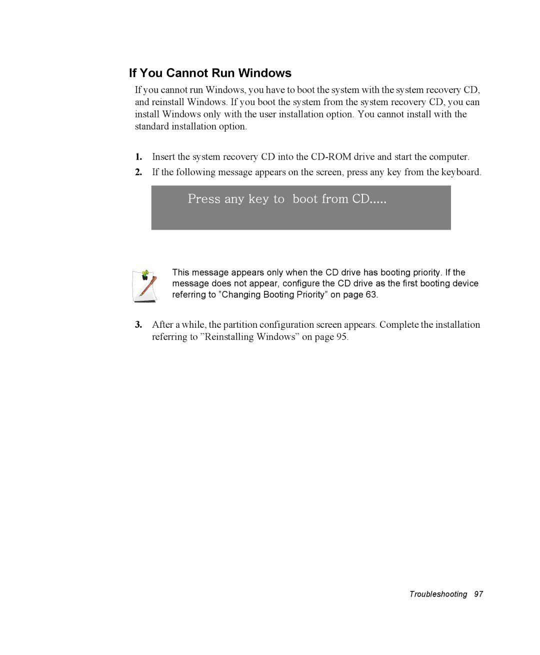 Samsung NX10PRCV09/SER, EV-NX10ZZBABZA, NX10RP1N9W/SEG manual If You Cannot Run Windows, Press any key to boot from CD 