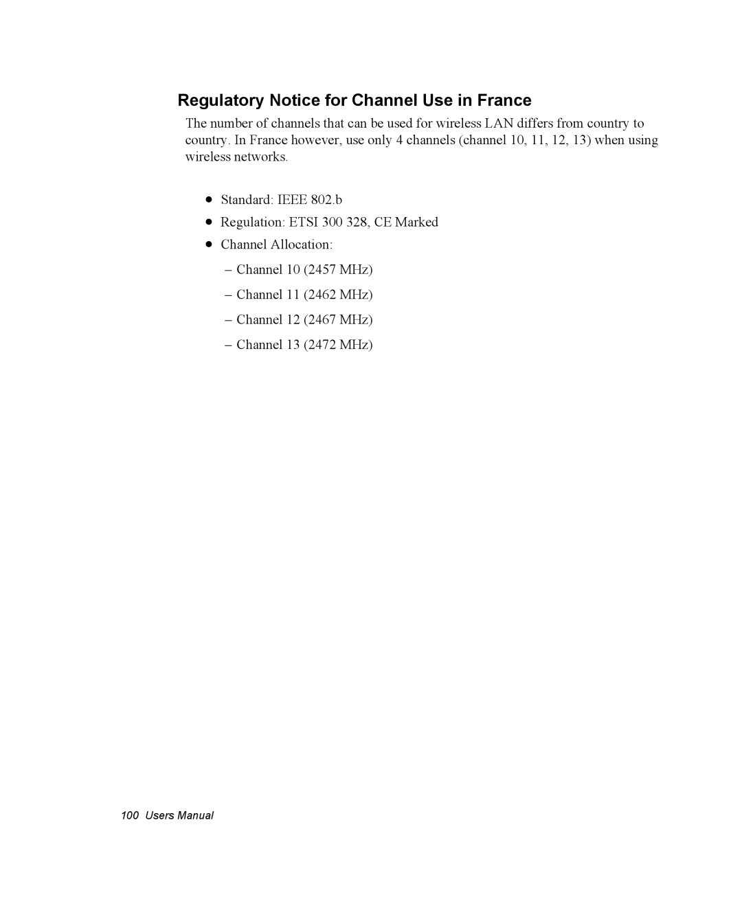 Samsung NX10PRTV08/SEK, EV-NX10ZZBABZA, NX10RP1N9W/SEG, NX10RP0BW9/SEG manual Regulatory Notice for Channel Use in France 