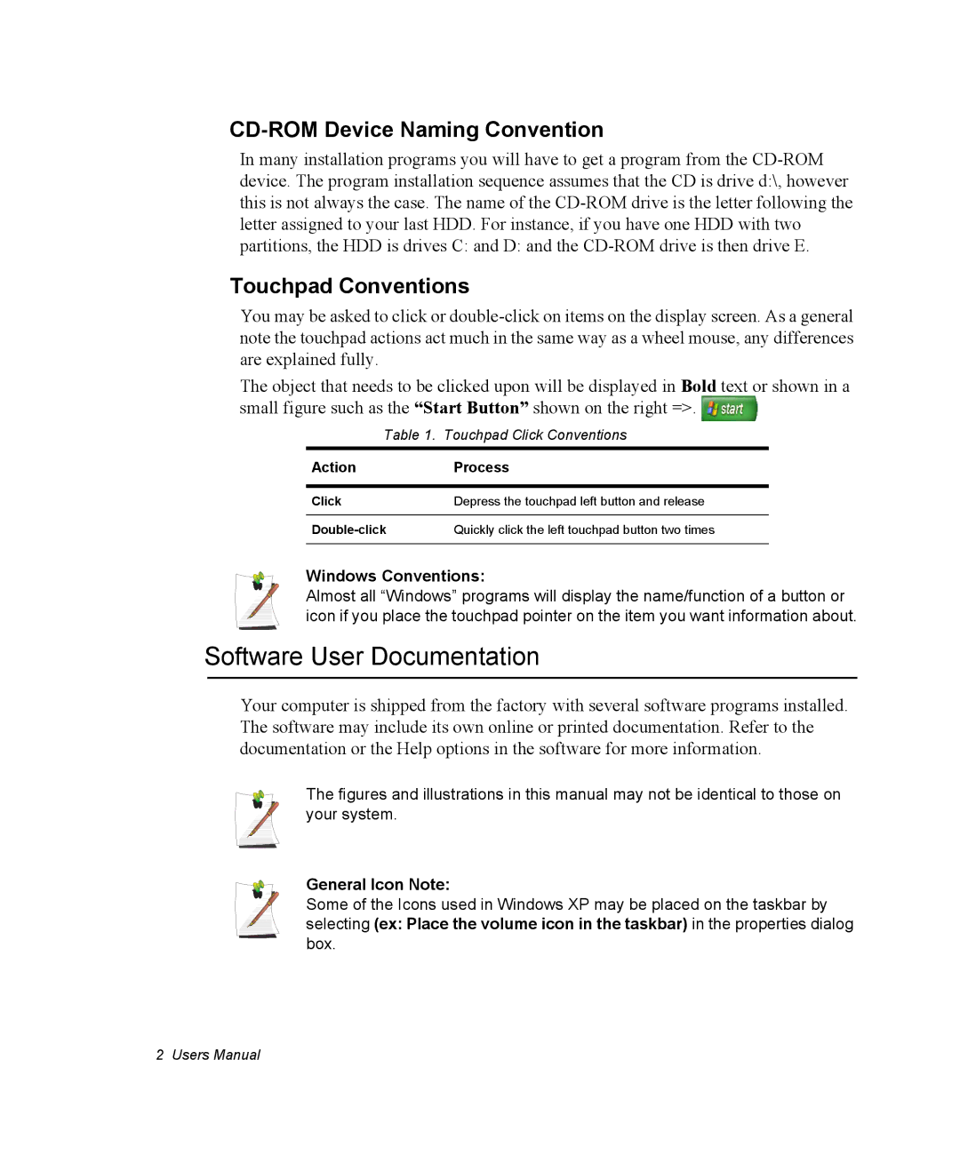 Samsung NX10RH08NH/SEG, EV-NX10ZZBABZA Software User Documentation, CD-ROM Device Naming Convention, Touchpad Conventions 