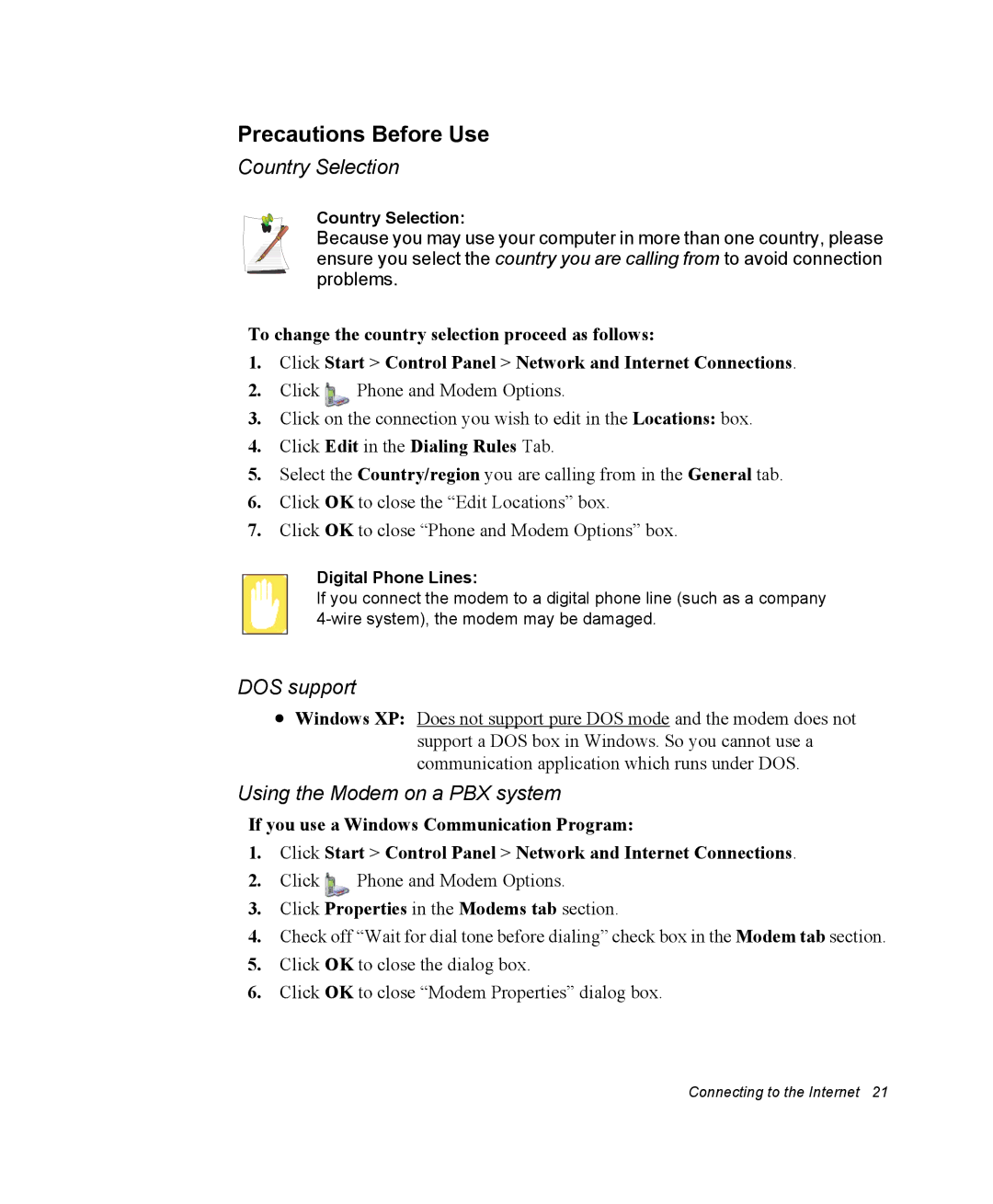 Samsung NX10RP1N9W/SES Precautions Before Use, Click Edit in the Dialing Rules Tab, Country Selection, Digital Phone Lines 