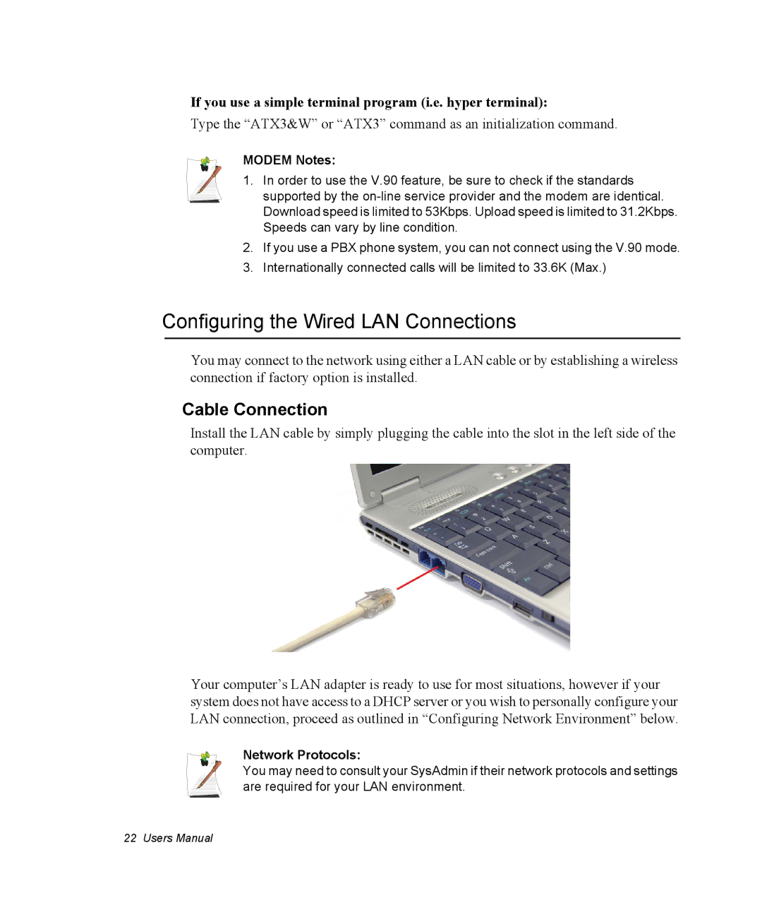 Samsung NX10RP0BW9/SES manual Configuring the Wired LAN Connections, Cable Connection, Modem Notes, Network Protocols 