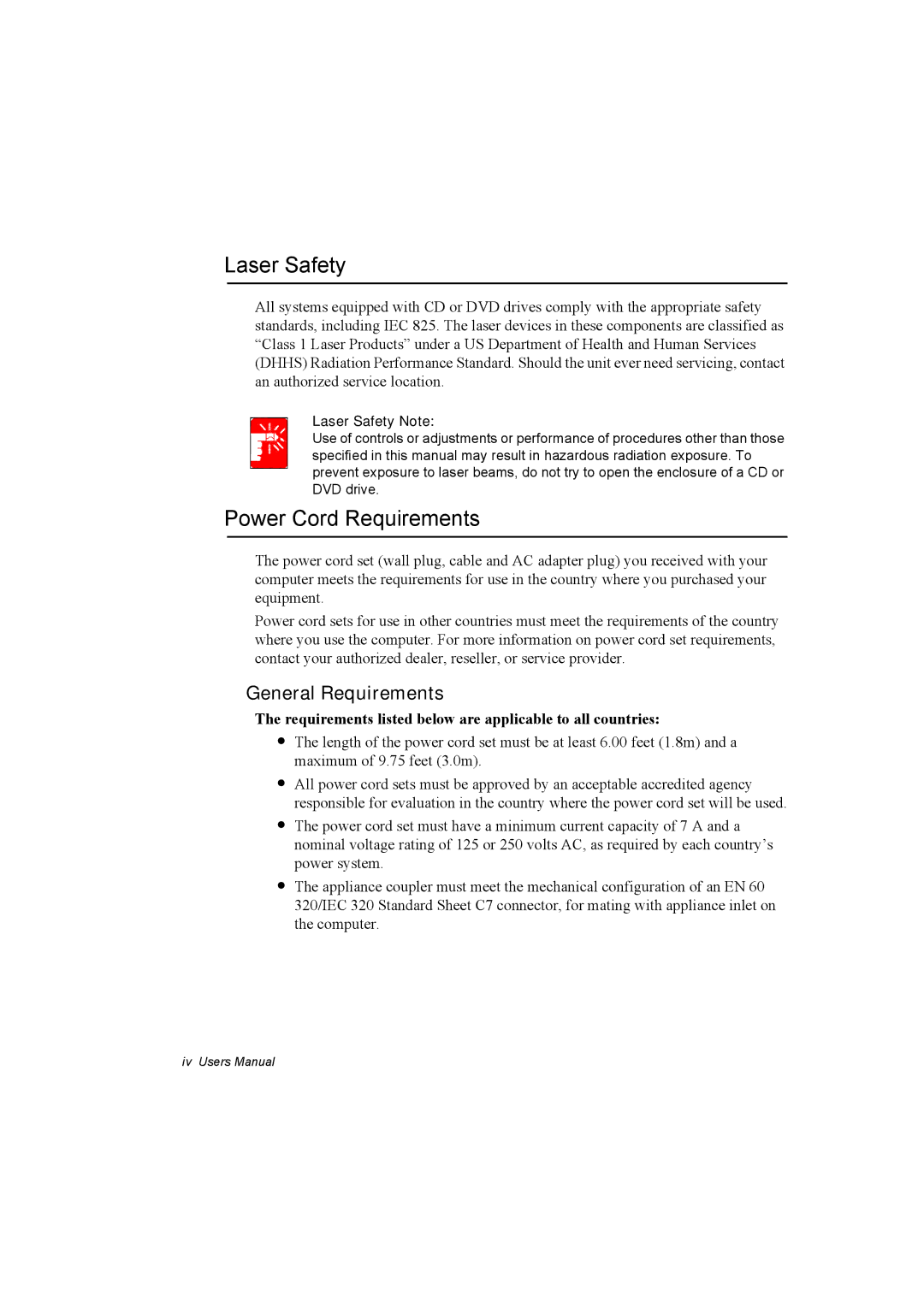 Samsung NX10RP1RSG/SEG, EV-NX10ZZBABZA, NX10RP1N9W/SEG Power Cord Requirements, General Requirements, Laser Safety Note 