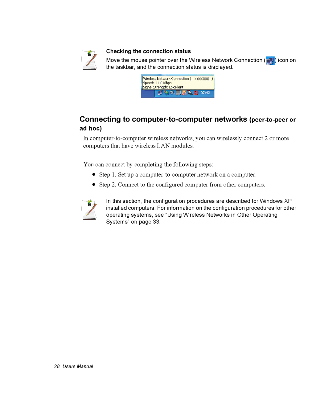 Samsung EV-NX10ZZBABES manual Connecting to computer-to-computer networks peer-to-peer or, Checking the connection status 