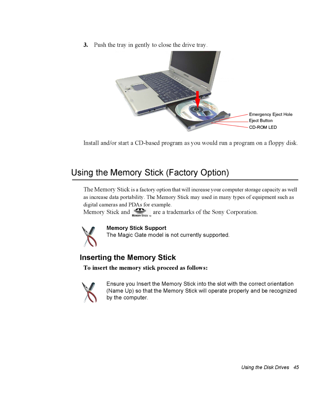 Samsung NX10RP1N9W/SEG manual Using the Memory Stick Factory Option, Inserting the Memory Stick, Memory Stick Support 