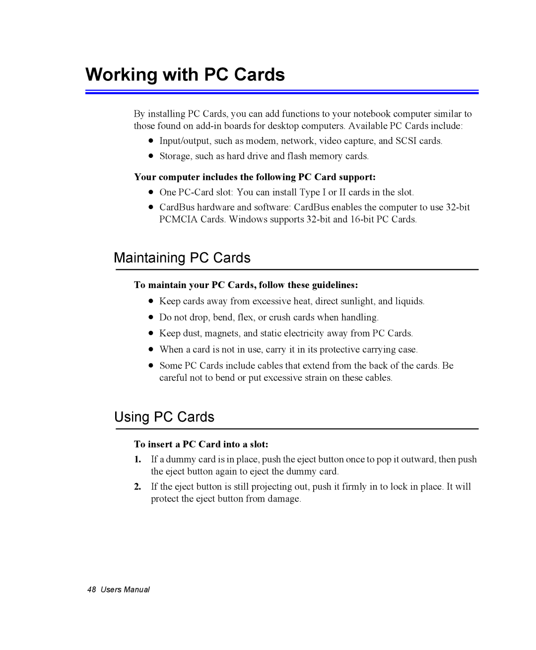 Samsung NX10RP1RSG/SEG, EV-NX10ZZBABZA, NX10RP1N9W/SEG manual Working with PC Cards, Maintaining PC Cards, Using PC Cards 