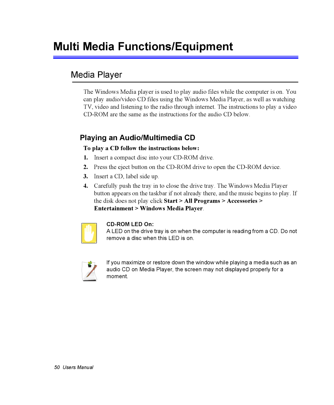 Samsung NX10PRTV04/SUK manual Multi Media Functions/Equipment, Media Player, Playing an Audio/Multimedia CD, CD-ROM LED On 