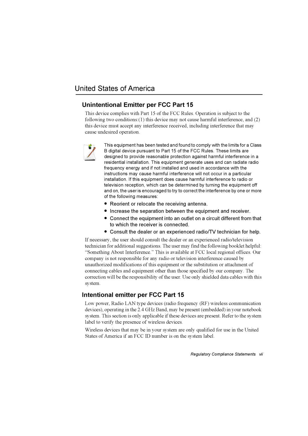 Samsung NX10PRTV04/SEG United States of America, Unintentional Emitter per FCC Part, Intentional emitter per FCC Part 