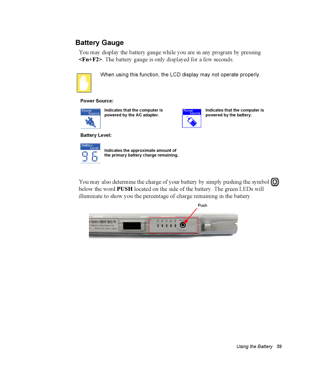 Samsung NX10PRTV05/SAU, EV-NX10ZZBABZA, NX10RP1N9W/SEG, NX10RP0BW9/SEG, NX10PRTV01/SEG manual Battery Gauge, Power Source 