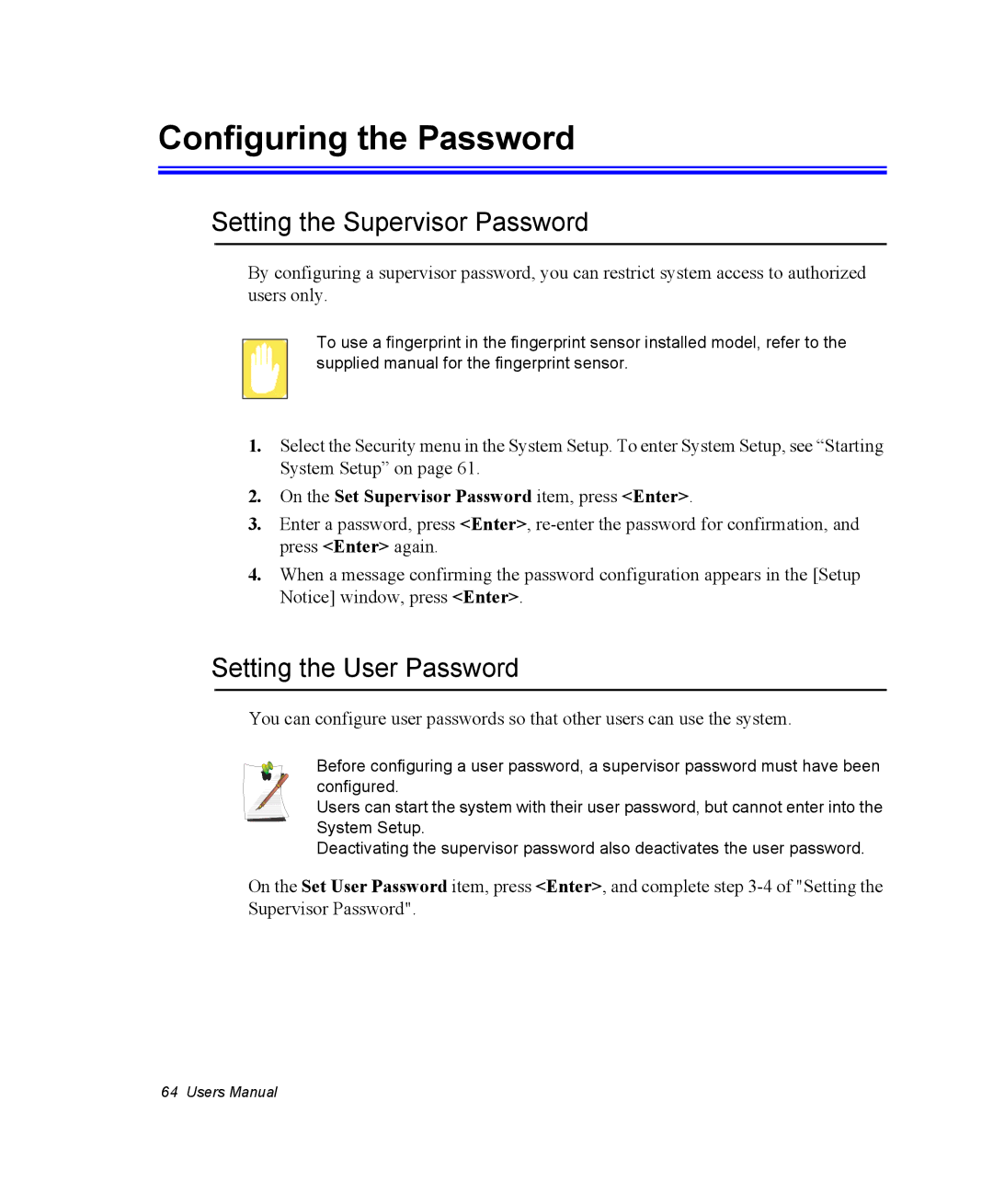 Samsung EV-NX10ZZBATFR, NX10-SEED/SEG Configuring the Password, Setting the Supervisor Password, Setting the User Password 